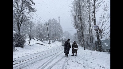 Villagers walk on a snow-covered road amid snowfall in Anantnag on Thursday. (ANI file)