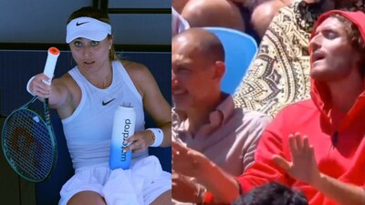 Paula Badosa mockingly hands racket towards Stefanos Tsitsipas after his 'calm down' gesture. (AP/Screengrab) Paula Badosa mockingly hands racket towards Stefanos Tsitsipas after his 'calm down' gesture. (AP/Screengrab)