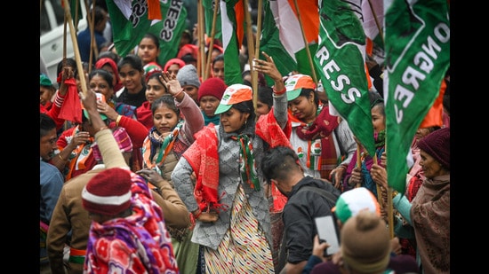 New Delhi, India - Jan. 16, 2025: Congress supporters seen as Sandeep Dikshit, Candidate of Congress Party from New Delhi Constituency for upcoming Vidhan Sabha Elections goes for filing his Nomination Papers in New Delhi in New Delhi, India, on Thursday, January 16, 2025. (Photo by Sanchit Khanna/ Hindustan Times) (Hindustan Times)