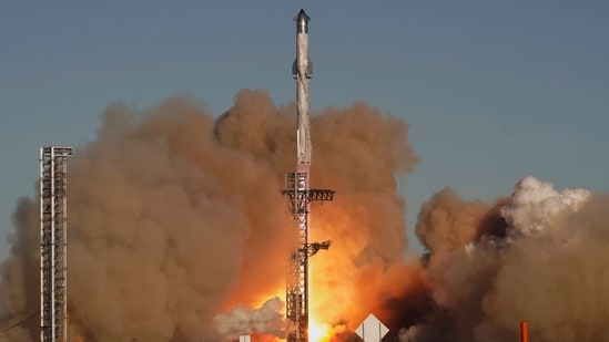 SpaceX's mega rocket Starship launches for a test flight from Starbase in Boca Chica, Texas, Thursday. (AP)
