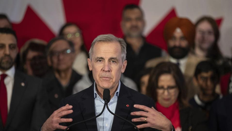 Mark Carney speaks during his Liberal leadership campaign launch in Edmonton, on Thursday (AP)