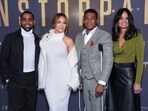 Jharrel Jerome, from left, Jennifer Lopez, Anthony Robles and Judy Robles pose for photographers upon arrival at the premiere of the film 'Unstoppable' on Tuesday, Nov. 5, 2024, in London. (Photo by Scott A Garfitt/Invision/AP)