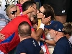 Novak Djokovic gives his wife Jelena a kiss as he celebrates with his family in the crowd after beating Spain's Carlos Alcaraz in their Paris 2024 men's singles final. Novak Djokovic gives his wife Jelena a kiss as he celebrates with his family in the crowd after beating Spain's Carlos Alcaraz in their Paris 2024 men's singles final.