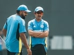 India's captain Rohit Sharma and head coach Gautam Gambhir during a practice session.