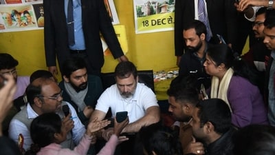Congress leader Rahul Gandhi listens to protestors during a dharna to protest against alleged paper leak and irregularities in the BPSC 70th Integrated Combined Competitive Examination (CCE) 2024 at Gardanibag, in Patna. (Santosh Kumar) Congress leader Rahul Gandhi listens to protestors during a dharna to protest against alleged paper leak and irregularities in the BPSC 70th Integrated Combined Competitive Examination (CCE) 2024 at Gardanibag, in Patna. (Santosh Kumar)