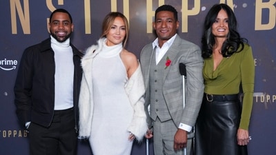 Jharrel Jerome, from left, Jennifer Lopez, Anthony Robles and Judy Robles pose for photographers upon arrival at the premiere of the film 'Unstoppable' on Tuesday, Nov. 5, 2024, in London. (Photo by Scott A Garfitt/Invision/AP) (Scott A Garfitt/Invision/AP) Jharrel Jerome, from left, Jennifer Lopez, Anthony Robles and Judy Robles pose for photographers upon arrival at the premiere of the film 'Unstoppable' on Tuesday, Nov. 5, 2024, in London. (Photo by Scott A Garfitt/Invision/AP) (Scott A Garfitt/Invision/AP)