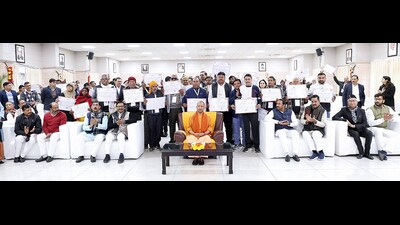 Chief minister Yogi Adityanath during the distribution of over 65 lakh property cards under the SVAMITVA Scheme to property owners in over 50,000 villages in more than 230 districts across 10 states and 2 union territories by PM Modi through video conferencing. (ANI Photo) (Yogi Adityanath-X/ANI) Chief minister Yogi Adityanath during the distribution of over 65 lakh property cards under the SVAMITVA Scheme to property owners in over 50,000 villages in more than 230 districts across 10 states and 2 union territories by PM Modi through video conferencing. (ANI Photo) (Yogi Adityanath-X/ANI)