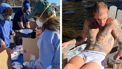 Selena Gomez and Benny Blanco volunteer for Los Angeles wildfire rehabilitation; Justin Bieber enjoys vacation. Selena Gomez and Benny Blanco volunteer for Los Angeles wildfire rehabilitation; Justin Bieber enjoys vacation.