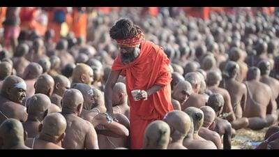 Sadhus of Juna Akhada during the initiation ceremony to become Naga ascetics on banks of Ganga near Sangam during Mahakumbh-2025 in Prayagraj on Saturday. (ANIL KUMAR MAURYA/HT) Sadhus of Juna Akhada during the initiation ceremony to become Naga ascetics on banks of Ganga near Sangam during Mahakumbh-2025 in Prayagraj on Saturday. (ANIL KUMAR MAURYA/HT)
