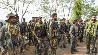 Security personnel after an encounter with Naxalites, in Bijapur district of Chhattisgarh on Friday. (PTI)