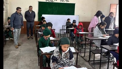 The entrance examination for Class 6 admissions at Jawahar Navodaya Vidyalaya, Dhanansu, was conducted at 11 centres across Ludhiana on Saturday. (Hindustan Times)