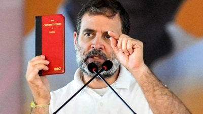 Leader of Opposition in the Lok Sabha and Congress leader Rahul Gandhi addresses the gathering during 'Karyakarta Sammelan', in Patna, Saturday, Jan. 18, 2025. (PTI) Leader of Opposition in the Lok Sabha and Congress leader Rahul Gandhi addresses the gathering during 'Karyakarta Sammelan', in Patna, Saturday, Jan. 18, 2025. (PTI)