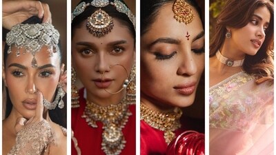 (L to R) Kim Kardashian, Aditi Rao, Hydari, Sobhita, Janhvi Kapoor