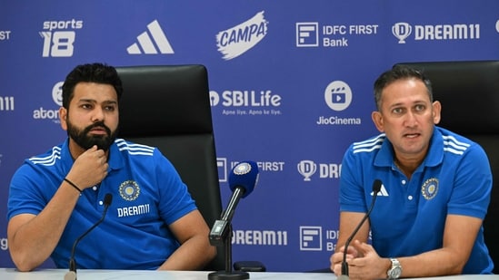 Indian cricket captain Rohit Sharma (L) and selection committee chairman Ajit Agarkar address the T20 World Cup 2024 press conference Indian cricket captain Rohit Sharma (L) and selection committee chairman Ajit Agarkar address the T20 World Cup 2024 press conference