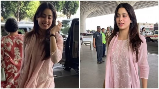 Janhvi Kapoor poses for the paparazzi at the Mumbai airport.
