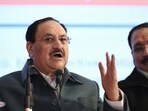 BJP National President JP Nadda with party leaders addresses the media during the launch of 'BJP Sankalp Patra Part-I' for Delhi Assembly elections, in New Delhi.