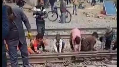 A screen grab from the viral video showing children on the railway track in Lucknow. (Sourced)