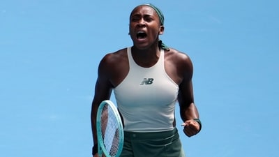 Coco Gauff of the U.S. celebrates after defeating Belinda Bencic of Switzerland during their fourth round match at the Australian Open tennis championship in Melbourne, Australia, Sunday, Jan. 19 (AP)