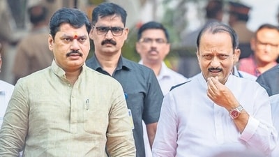 NCP leader Ajit Pawar with Dhananjay Munde (left) (Satish Bate/HT PHOTO) NCP leader Ajit Pawar with Dhananjay Munde (left) (Satish Bate/HT PHOTO)