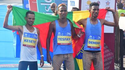 Eritrea’s Berhane Tesfay won the Mumbai Marathon while Merhawi Kesete was second. Tesfaye Demeke was third. (Bhushan Koyande/HT) Eritrea’s Berhane Tesfay won the Mumbai Marathon while Merhawi Kesete was second. Tesfaye Demeke was third. (Bhushan Koyande/HT)
