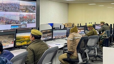 Officials inside the Integrated Control and Command Centre for crowd management during the Maha Kumbh Mela 2025, in Mahakumbh nagar, Uttar Pradesh. (PTI) Officials inside the Integrated Control and Command Centre for crowd management during the Maha Kumbh Mela 2025, in Mahakumbh nagar, Uttar Pradesh. (PTI)