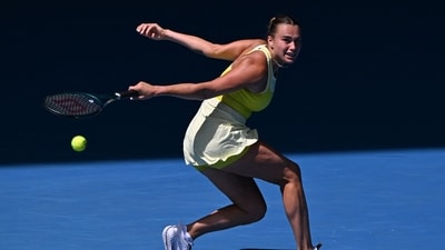 Belarus' Aryna Sabalenka hits a shot against Russia's Mirra Andreeva during their women's singles match on day eight of the Australian Open tennis tournament in Melbourne on January 19 (AFP) Belarus' Aryna Sabalenka hits a shot against Russia's Mirra Andreeva during their women's singles match on day eight of the Australian Open tennis tournament in Melbourne on January 19 (AFP)