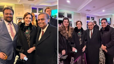 Mukesh and Nita Ambani posed for pictures with Indian entrepreneurs at the dinner in Washington DC. (Instagram/the_kalpeshmehta) Mukesh and Nita Ambani posed for pictures with Indian entrepreneurs at the dinner in Washington DC. (Instagram/the_kalpeshmehta)