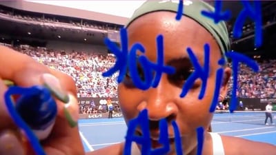 Coco Gauff's message on camera lens (X) Coco Gauff's message on camera lens (X)