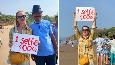 Travel content creator Angelina filmed herself charging ₹100 for posing for selfies with Indians on a beach. (Instagram/angelinali777) Travel content creator Angelina filmed herself charging ₹100 for posing for selfies with Indians on a beach. (Instagram/angelinali777)