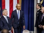 Former US President Barack Obama arrives for the 60th presidential inauguration in the rotunda of the US Capitol in Washington, DC, US, on Monday, Jan. 20, 2025.
