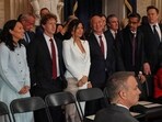 From left, Priscilla Chan, Mark Zuckerberg, Lauren Sanchez, Jeff Bezos, Google CEO Sundar Pichai and Elon Musk at the 60th Presidential Inauguration in the Rotunda of the U.S. Capitol in Washington. From left, Priscilla Chan, Mark Zuckerberg, Lauren Sanchez, Jeff Bezos, Google CEO Sundar Pichai and Elon Musk at the 60th Presidential Inauguration in the Rotunda of the U.S. Capitol in Washington.