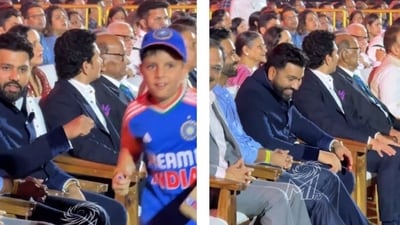 A young fan ignored Rohit Sharma's fist-bump request. A young fan ignored Rohit Sharma's fist-bump request.