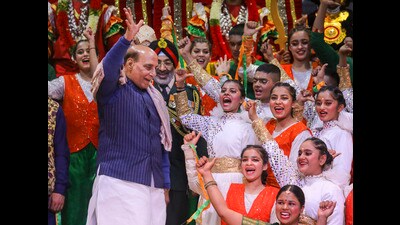 Defence minister Rajnath Singh during his visit to the NCC Republic Day Parade 2025 camp in New Delhi. (PTI) Defence minister Rajnath Singh during his visit to the NCC Republic Day Parade 2025 camp in New Delhi. (PTI)