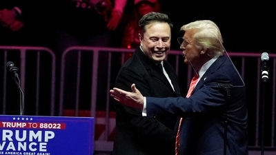 U.S. President-elect Donald Trump greets Tesla CEO and X owner Elon Musk during a rally the day before Trump is scheduled to be inaugurated for a second term, in Washington, U.S., January 19, 2025. (REUTERS)