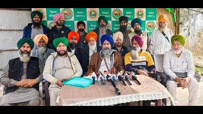 Farmer leader Sarwan Singh Pandher addressing the media at Shambhu border on Monday. (PTI) Farmer leader Sarwan Singh Pandher addressing the media at Shambhu border on Monday. (PTI)