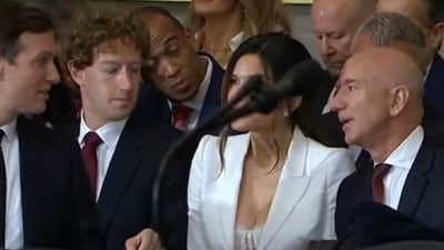 Mark Zuckerberg photographed with Lauren Sanchez and Jeff Bezos at Trump inauguration. (X/@CNviolations) Mark Zuckerberg photographed with Lauren Sanchez and Jeff Bezos at Trump inauguration. (X/@CNviolations)