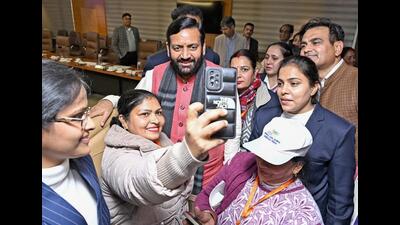 Haryana chief minister Nayab Singh Saini posing for selfies after the sixth pre-budget consultation with women for Budget 2025-26 held in Panchkula on Monday. (Nayab Saini/X)