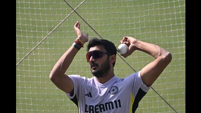 India’s Axar Patel at a practice session at the Eden Gardens in Kolkata. (AFP) India’s Axar Patel at a practice session at the Eden Gardens in Kolkata. (AFP)