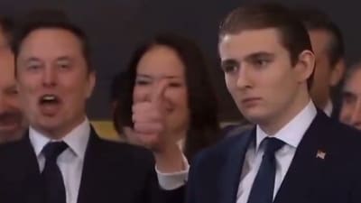 Elon Musk, an honored guest and Trump's staunch supporter, was seen on camera grinning and cheering. However, Barron Trump, 18, who was standing next to Musk, remained silent. (X) Elon Musk, an honored guest and Trump's staunch supporter, was seen on camera grinning and cheering. However, Barron Trump, 18, who was standing next to Musk, remained silent. (X)