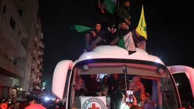 It is unclear if the violence will return after the first phase, but negotiations for the second, more challenging phase are set to start in less than two weeks. In pic: Crowds cheered, chanted and honked car horns as two buses carrying the prisoners arrived in Beitunia following their release as part of the Gaza ceasefire deal that began on January 19 and saw three Israeli hostages freed by Hamas in the Gaza Strip. (AFP) It is unclear if the violence will return after the first phase, but negotiations for the second, more challenging phase are set to start in less than two weeks. In pic: Crowds cheered, chanted and honked car horns as two buses carrying the prisoners arrived in Beitunia following their release as part of the Gaza ceasefire deal that began on January 19 and saw three Israeli hostages freed by Hamas in the Gaza Strip. (AFP)