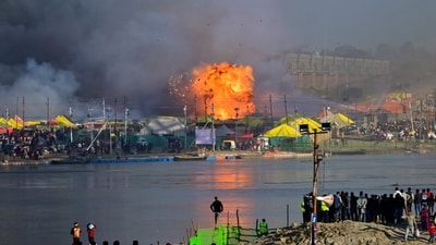 Mahakumbh fire: Smoke billowing out of tents after a blaze erupted at Gita Press camp at Mahakumbh Mela on Sunday. (PTI) Mahakumbh fire: Smoke billowing out of tents after a blaze erupted at Gita Press camp at Mahakumbh Mela on Sunday. (PTI)