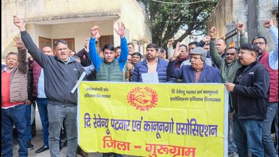 Revenue Patwar and Kanungo Association members stage a protest over their various demands after the release of the list of corrupt Patwaris by the Haryana government in Gurugram on Monday. (ANI Photo) (Photo by Yogendra Kumar) Revenue Patwar and Kanungo Association members stage a protest over their various demands after the release of the list of corrupt Patwaris by the Haryana government in Gurugram on Monday. (ANI Photo) (Photo by Yogendra Kumar)