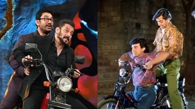 Salman Khan and Aamir Khan recreated the magic of Andaz Apna Apna on the Bigg Boss 18 finale. The superstars were seen riding a bike together while the song Do Mastane Chale Zindagi Banane from their iconic film played in the background. This took fans on a nostalgic ride. (Twitter) Salman Khan and Aamir Khan recreated the magic of Andaz Apna Apna on the Bigg Boss 18 finale. The superstars were seen riding a bike together while the song Do Mastane Chale Zindagi Banane from their iconic film played in the background. This took fans on a nostalgic ride. (Twitter)