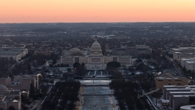 A view of the US Capitol from the top of the Washington Monument at dawn on the inauguration day where US President-elect Donald Trump was sworn in as the 47th US President. (AFP) A view of the US Capitol from the top of the Washington Monument at dawn on the inauguration day where US President-elect Donald Trump was sworn in as the 47th US President. (AFP)