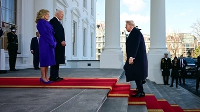 Former US President Joe Biden and former First Lady Jill Biden greet Donald Trump as he arrives at the White House in Washington, DC. (AFP) Former US President Joe Biden and former First Lady Jill Biden greet Donald Trump as he arrives at the White House in Washington, DC. (AFP)
