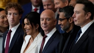 Guests including Mark Zuckerberg, Jeff Bezos, Sundar Pichai and Elon Musk, arrive before the 60th Presidential Inauguration in the Rotunda of the U.S. Capitol in Washington,. (AFP) Guests including Mark Zuckerberg, Jeff Bezos, Sundar Pichai and Elon Musk, arrive before the 60th Presidential Inauguration in the Rotunda of the U.S. Capitol in Washington,. (AFP)