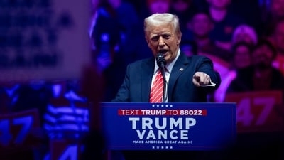 US President-elect Donald Trump speaks during a rally at Capital One Arena ahead of the 60th presidential inauguration in Washington, DC, US, on Sunday, Jan. 19, 2025. Monday's presidential inauguration promises to be one of the coldest on record, prompting US officials to move the ceremony indoors to the Capitol Rotunda. (Bloomberg)