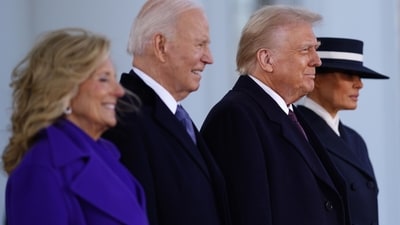 US First Lady Jill Biden, from left, President Joe Biden, US President-elect Donald Trump and former First Lady Melania Trump at the North Portico of the White House ahead of the 60th presidential inauguration in Washington, DC, US, on Monday, Jan. 20, 2025. (Bloomberg) US First Lady Jill Biden, from left, President Joe Biden, US President-elect Donald Trump and former First Lady Melania Trump at the North Portico of the White House ahead of the 60th presidential inauguration in Washington, DC, US, on Monday, Jan. 20, 2025. (Bloomberg)