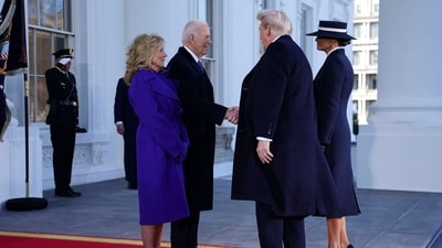 US First Lady Jill Biden, left, and President Joe Biden, second left, greet US President-elect Donald Trump and former First Lady Melania Trump at the North Portico of the White House ahead of the 60th presidential inauguration in Washington, DC, US, on Monday, Jan. 20, 2025 (Bloomberg) US First Lady Jill Biden, left, and President Joe Biden, second left, greet US President-elect Donald Trump and former First Lady Melania Trump at the North Portico of the White House ahead of the 60th presidential inauguration in Washington, DC, US, on Monday, Jan. 20, 2025 (Bloomberg)