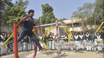 The corporation officials said seven girls’ inter colleges are managed by the civic agency, and about ₹3 lakh, on average, has been spent on setting up these seven gyms, with each having eight pieces of workout equipment initially. (Sakib Ali/HT Photo) The corporation officials said seven girls’ inter colleges are managed by the civic agency, and about ₹3 lakh, on average, has been spent on setting up these seven gyms, with each having eight pieces of workout equipment initially. (Sakib Ali/HT Photo)